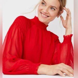 Ann Taylor Vibrant Red Blouse with Textured Sleeves